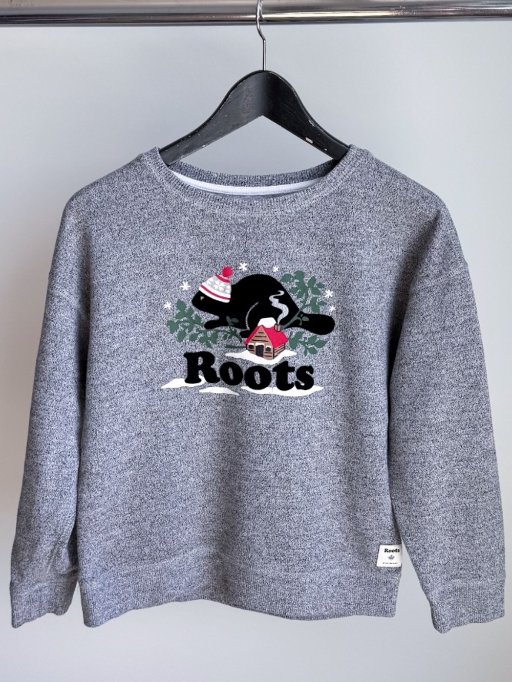 Roots Kids XL Cabin Beaver Sweatshirt Holiday Salt & Pepper Grey 11-12
